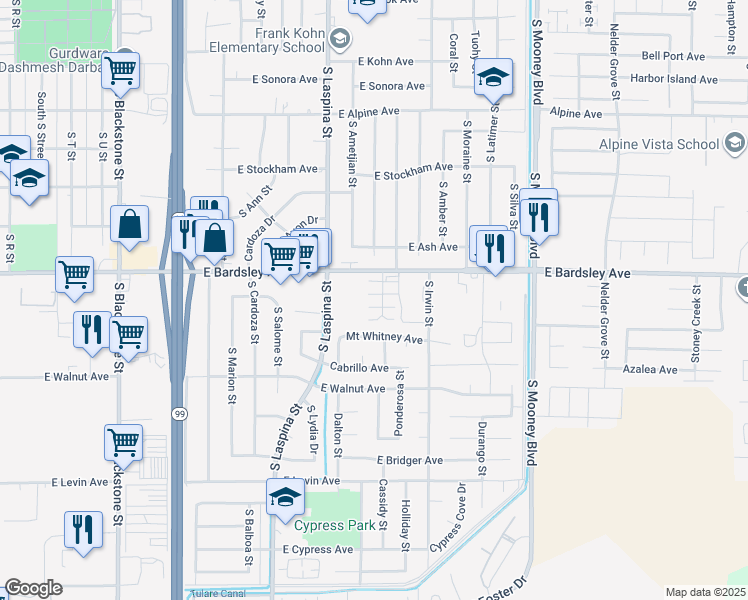 map of restaurants, bars, coffee shops, grocery stores, and more near 1199 Goble Court in Tulare