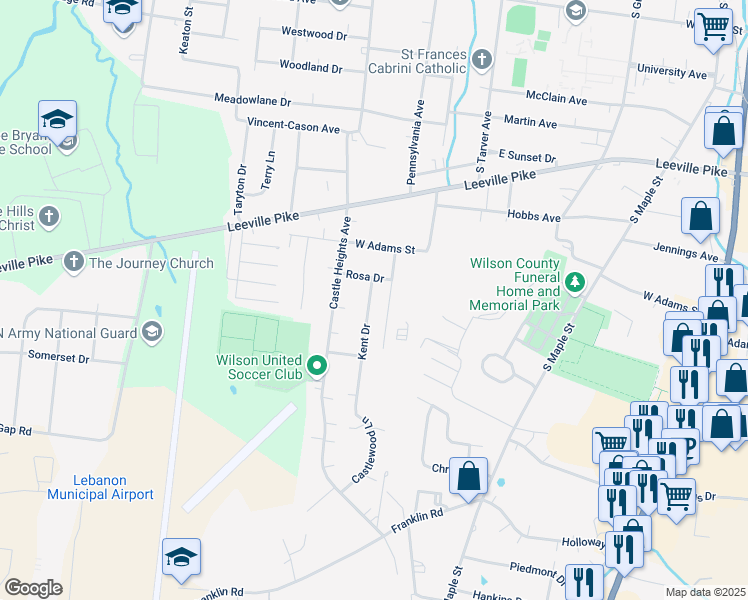 map of restaurants, bars, coffee shops, grocery stores, and more near 718 Kent Drive in Lebanon