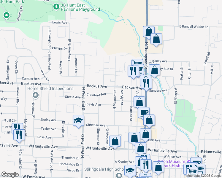map of restaurants, bars, coffee shops, grocery stores, and more near 1006 North Pleasant Street in Springdale
