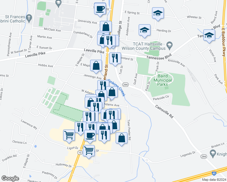 map of restaurants, bars, coffee shops, grocery stores, and more near 517 Melrose Street in Lebanon