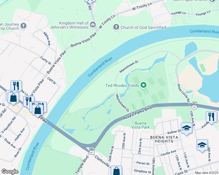 map of restaurants, bars, coffee shops, grocery stores, and more near 665 Mainstream Drive in Nashville