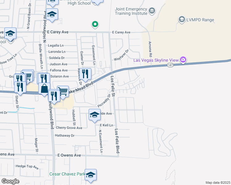 map of restaurants, bars, coffee shops, grocery stores, and more near North Los Feliz Street in Sunrise Manor