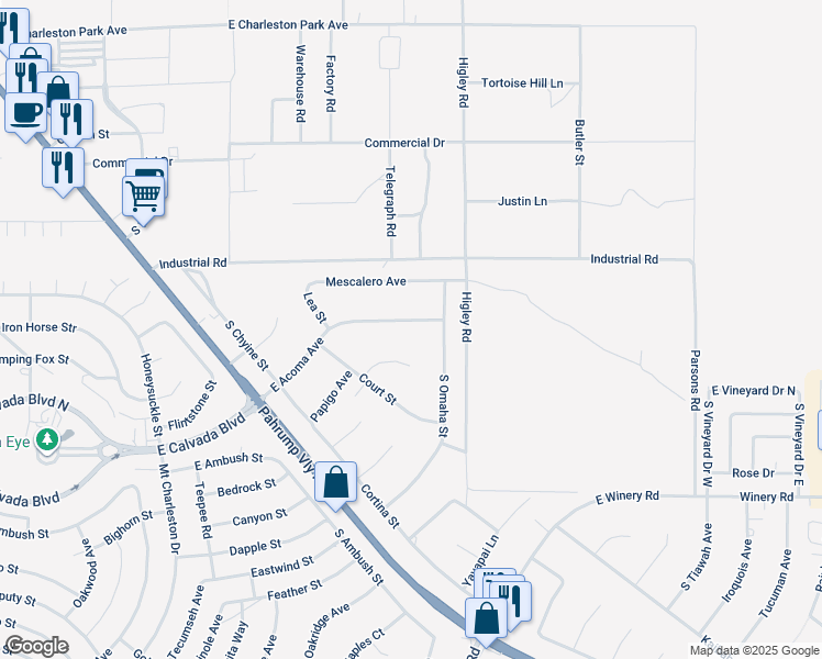 map of restaurants, bars, coffee shops, grocery stores, and more near 2881 Acoma Avenue in Pahrump