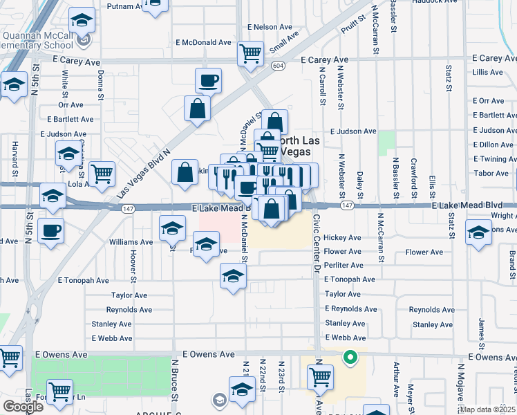 map of restaurants, bars, coffee shops, grocery stores, and more near 2101 E Lake Mead Blvd in North Las Vegas