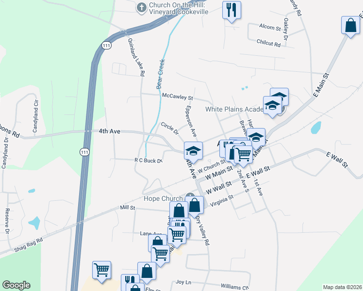 map of restaurants, bars, coffee shops, grocery stores, and more near 145 Circle Drive in Cookeville