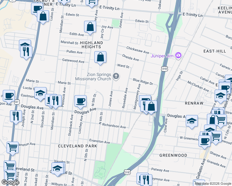 map of restaurants, bars, coffee shops, grocery stores, and more near 1403 Crockett Court in Nashville