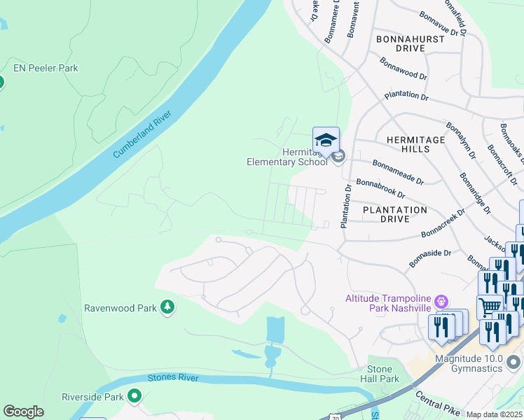 map of restaurants, bars, coffee shops, grocery stores, and more near 2040 Hickory Hill Lane in Nashville