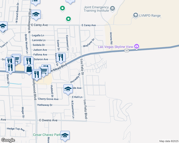 map of restaurants, bars, coffee shops, grocery stores, and more near North Los Feliz Street in Sunrise Manor