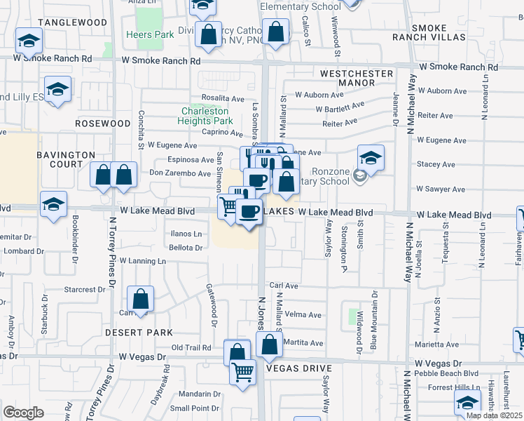 map of restaurants, bars, coffee shops, grocery stores, and more near W Lake Mead Blvd & N Jones Blvd in Las Vegas