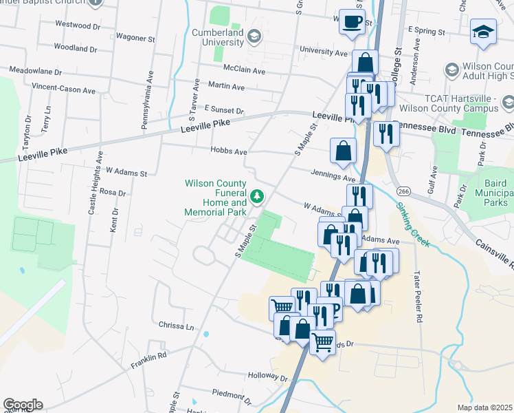 map of restaurants, bars, coffee shops, grocery stores, and more near 618 South Maple Street in Lebanon