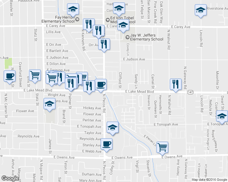 map of restaurants, bars, coffee shops, grocery stores, and more near 3555 East Lake Mead Boulevard in Las Vegas