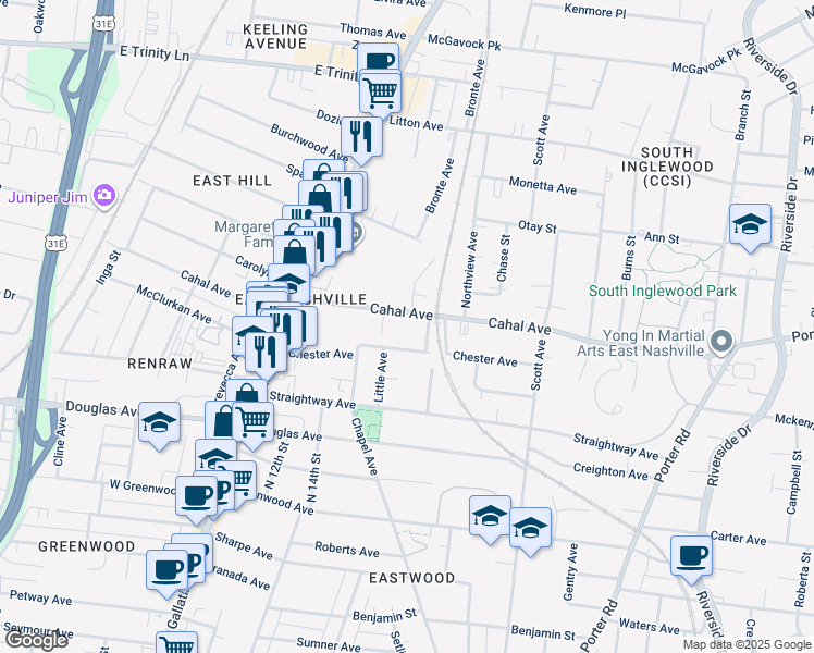 map of restaurants, bars, coffee shops, grocery stores, and more near 1151 Cahal Avenue in Nashville