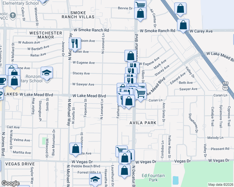 map of restaurants, bars, coffee shops, grocery stores, and more near 4976 West Lake Mead Boulevard in Las Vegas