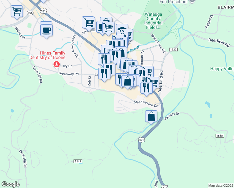 map of restaurants, bars, coffee shops, grocery stores, and more near 800 Meadowview Drive in Boone