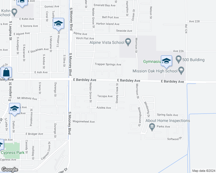 map of restaurants, bars, coffee shops, grocery stores, and more near 2717 Eshom Creek Court in Tulare