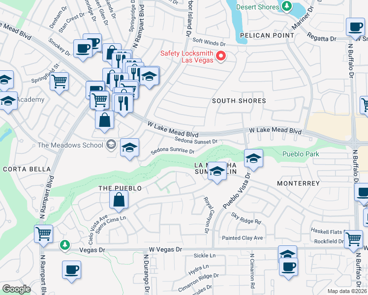 map of restaurants, bars, coffee shops, grocery stores, and more near 8208 Sedona Sunrise Drive in Las Vegas
