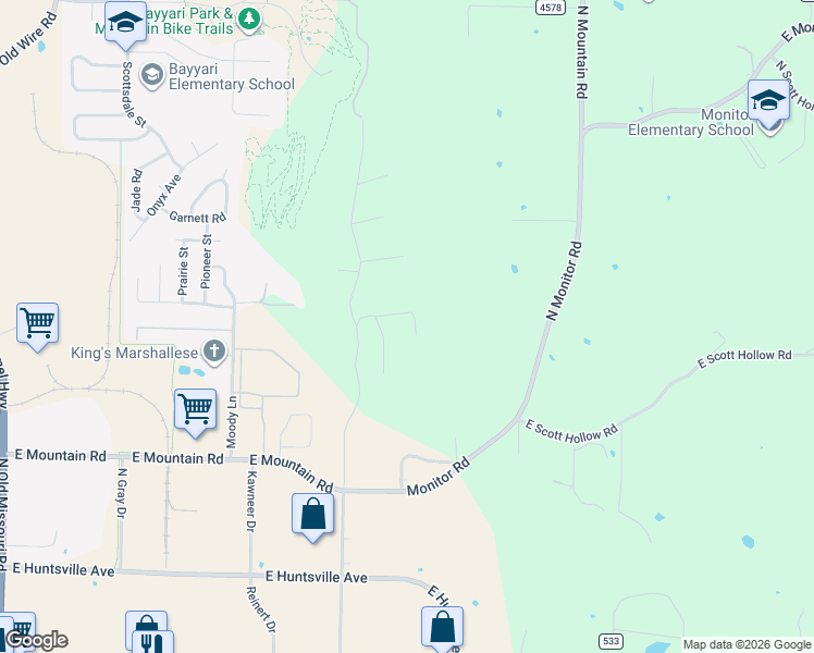 map of restaurants, bars, coffee shops, grocery stores, and more near 119 Woodcliff Lane in Springdale