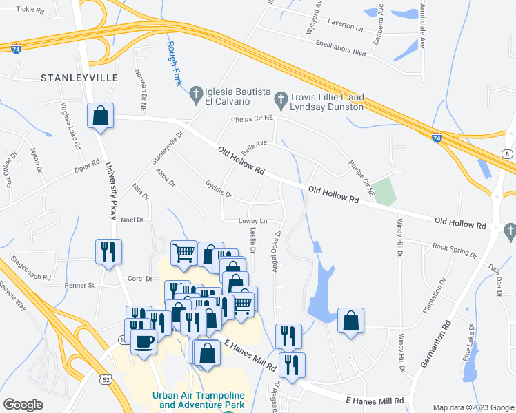 map of restaurants, bars, coffee shops, grocery stores, and more near 5350 Gyddie Drive in Winston-Salem