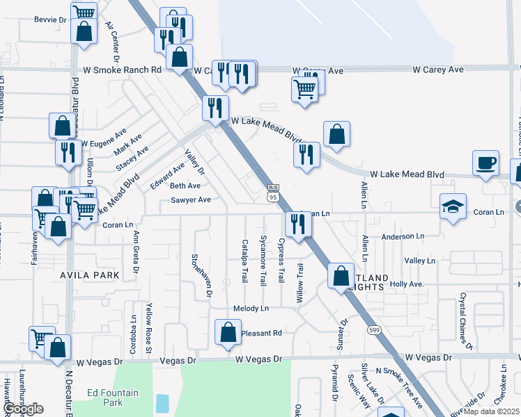 map of restaurants, bars, coffee shops, grocery stores, and more near 2019 Rancho Lake Drive in Las Vegas