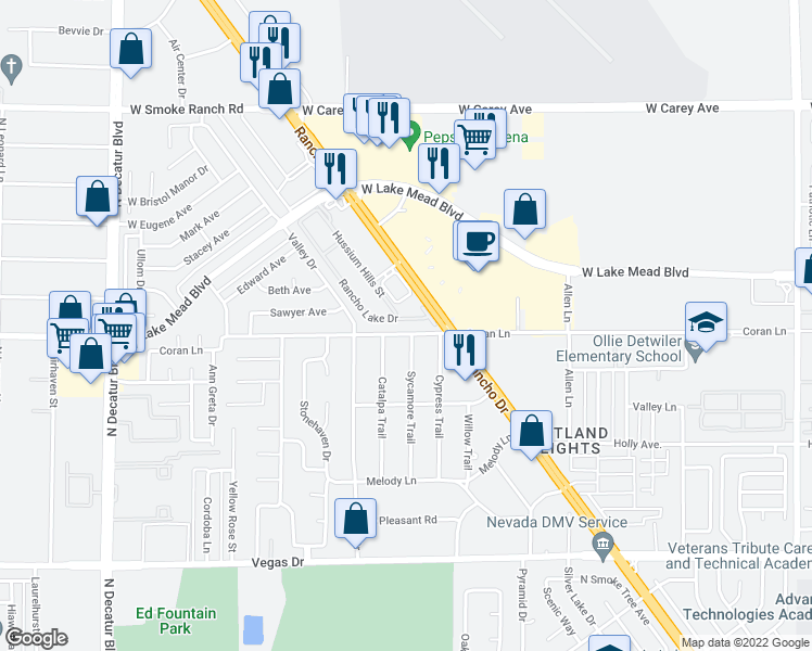 map of restaurants, bars, coffee shops, grocery stores, and more near 2019 Rancho Lake Drive in Las Vegas