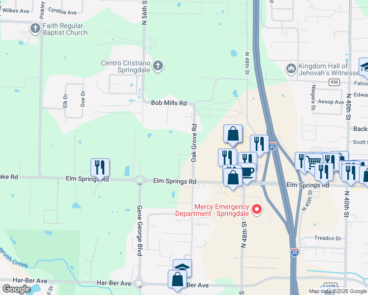 map of restaurants, bars, coffee shops, grocery stores, and more near 1310 Oak Grove Road in Springdale