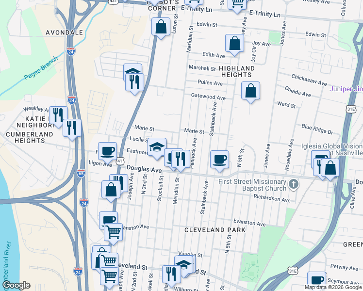 map of restaurants, bars, coffee shops, grocery stores, and more near 1332A Meridian Street in Nashville