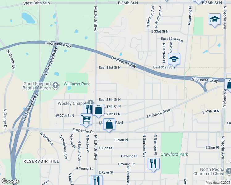 map of restaurants, bars, coffee shops, grocery stores, and more near 262 East 29th Street North in Tulsa