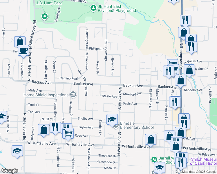map of restaurants, bars, coffee shops, grocery stores, and more near 1614 Backus Avenue in Springdale