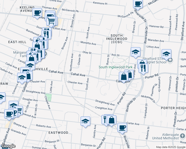 map of restaurants, bars, coffee shops, grocery stores, and more near 1805 Cahal Ave in Nashville