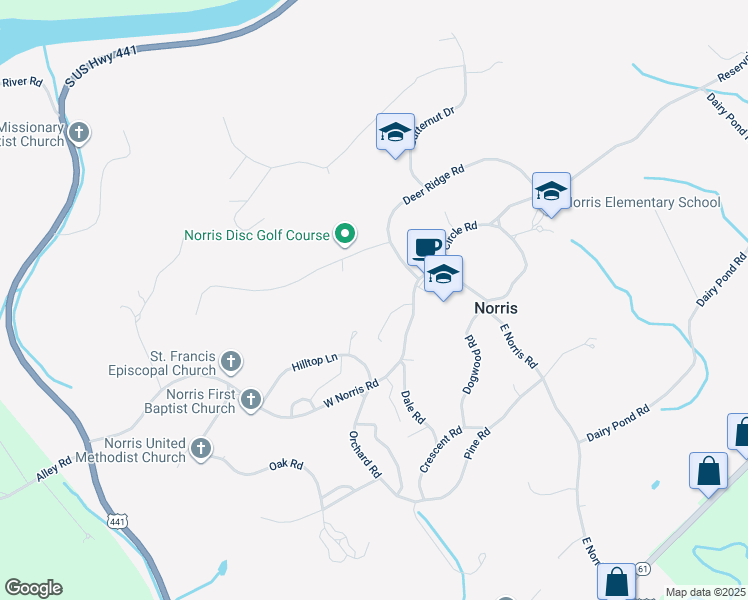map of restaurants, bars, coffee shops, grocery stores, and more near 11D Chestnut Drive in Norris