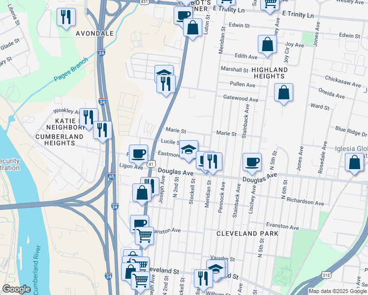 map of restaurants, bars, coffee shops, grocery stores, and more near 131 Lucile Street in Nashville