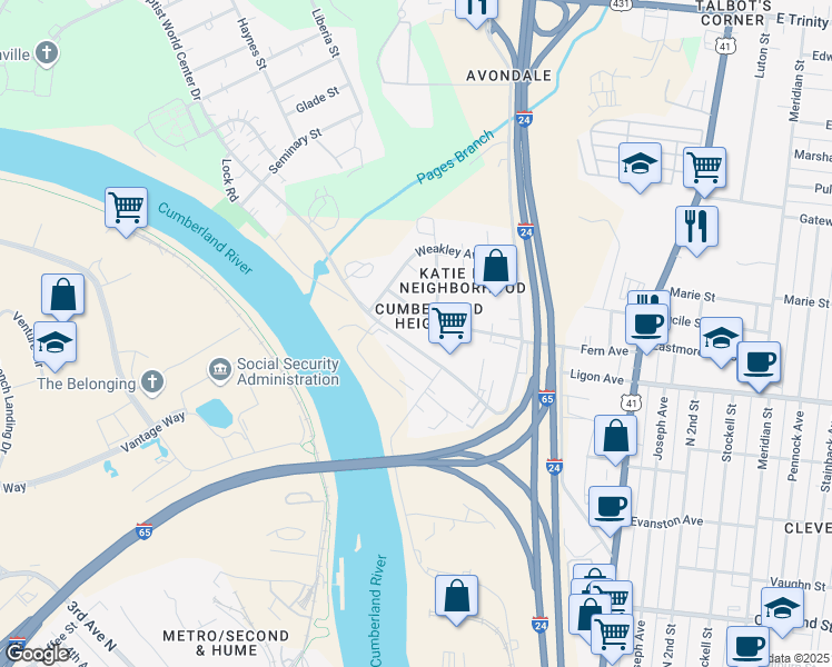 map of restaurants, bars, coffee shops, grocery stores, and more near 120 Fern Avenue in Nashville