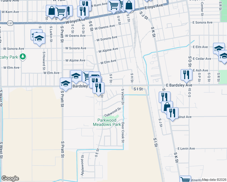 map of restaurants, bars, coffee shops, grocery stores, and more near 1001 Sherwood Court in Tulare