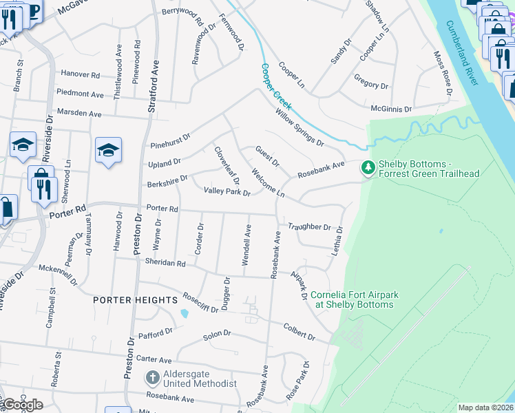 map of restaurants, bars, coffee shops, grocery stores, and more near 2413 Porter Road in Nashville