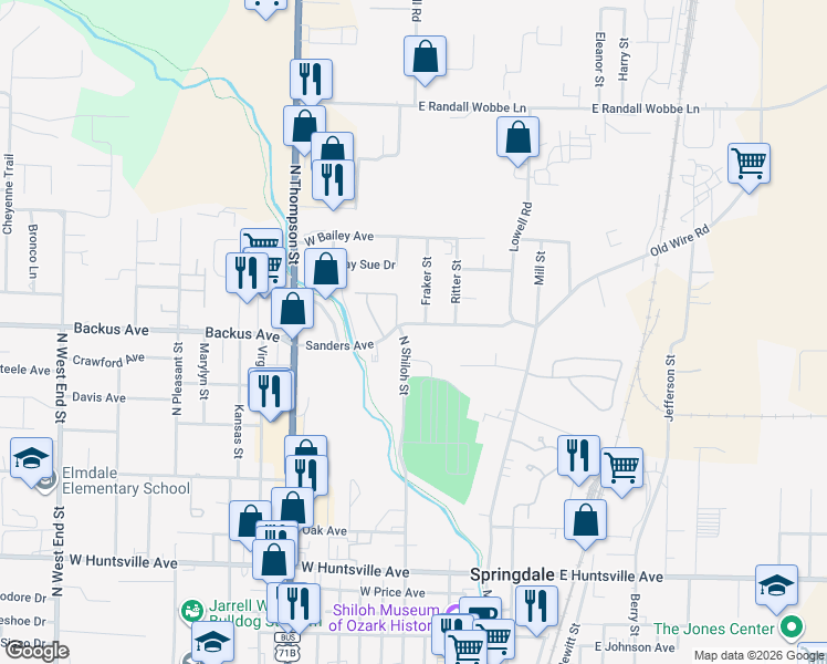 map of restaurants, bars, coffee shops, grocery stores, and more near 1314 A Q Circle in Springdale