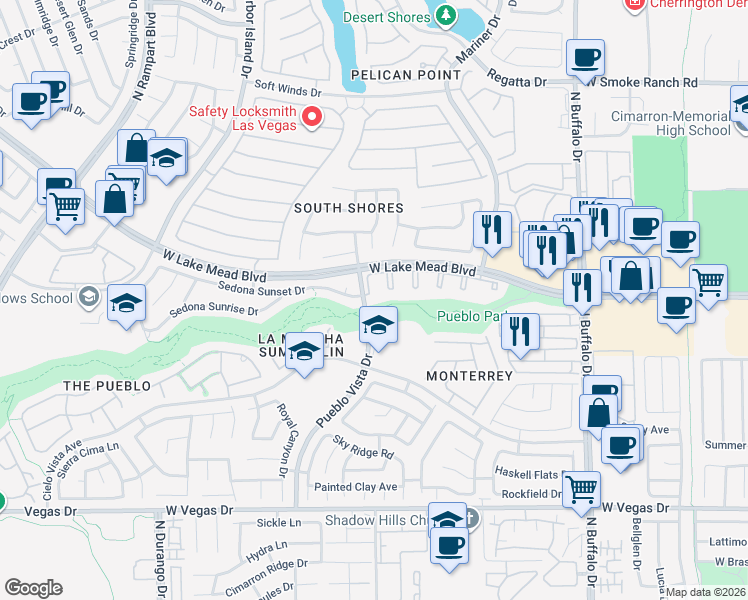 map of restaurants, bars, coffee shops, grocery stores, and more near 1900 Tierra Vista Drive in Las Vegas