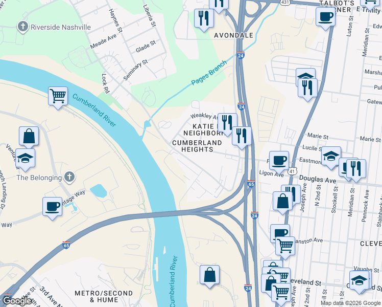 map of restaurants, bars, coffee shops, grocery stores, and more near 120 Fern Avenue in Nashville