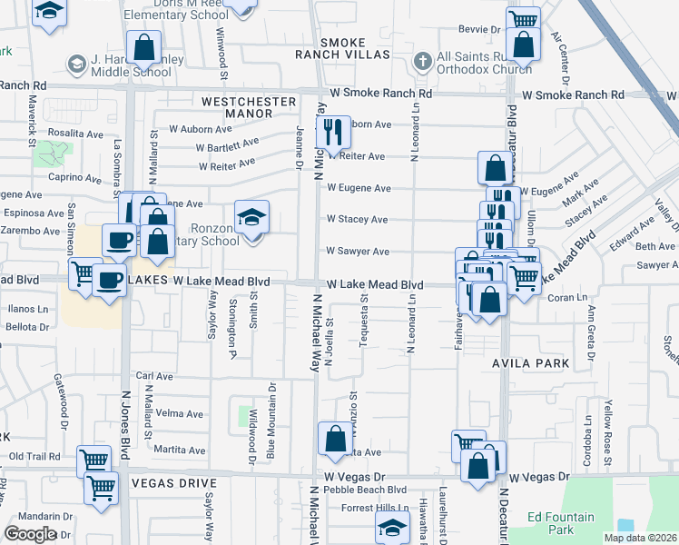 map of restaurants, bars, coffee shops, grocery stores, and more near 5365 Sawyer Avenue in Las Vegas