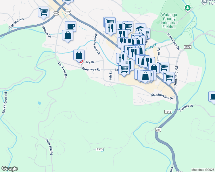 map of restaurants, bars, coffee shops, grocery stores, and more near 523d Meadowview Drive in Boone
