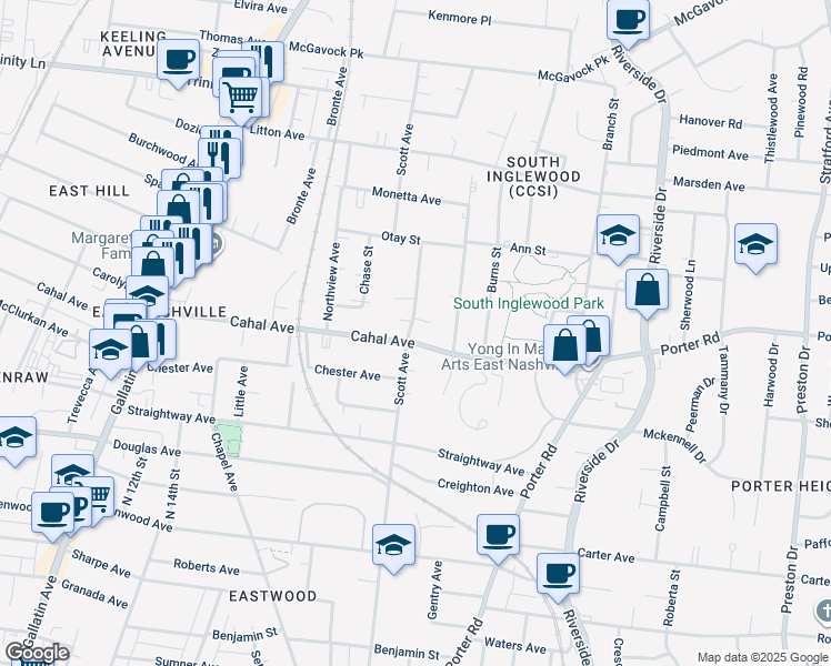map of restaurants, bars, coffee shops, grocery stores, and more near 1629 Cahal Avenue in Nashville