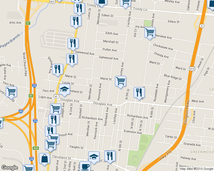 map of restaurants, bars, coffee shops, grocery stores, and more near 1338 Stainback Avenue in Nashville