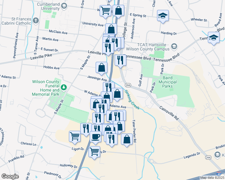 map of restaurants, bars, coffee shops, grocery stores, and more near 501 Melrose Street in Lebanon