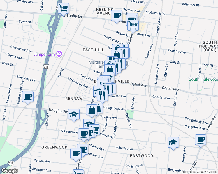 map of restaurants, bars, coffee shops, grocery stores, and more near Gallatin Ave & Cahal Ave in Nashville