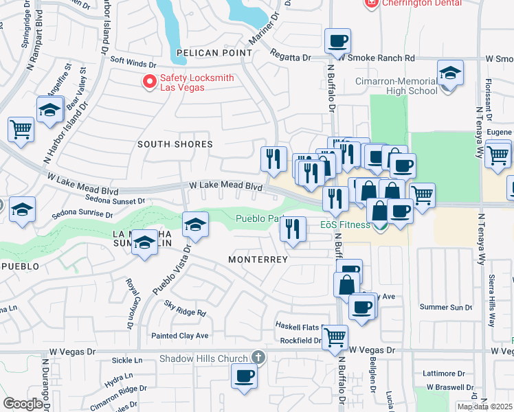 map of restaurants, bars, coffee shops, grocery stores, and more near 1900 Mountain Hills Court in Las Vegas