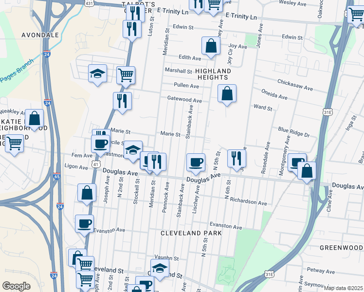 map of restaurants, bars, coffee shops, grocery stores, and more near 1332 Stainback Avenue in Nashville