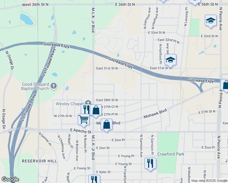 map of restaurants, bars, coffee shops, grocery stores, and more near 2900 North Elgin Avenue in Tulsa