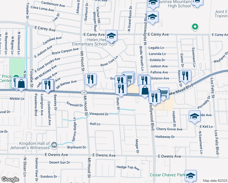map of restaurants, bars, coffee shops, grocery stores, and more near 6479 East Elwood Mead Avenue in Las Vegas