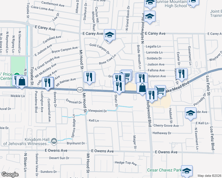 map of restaurants, bars, coffee shops, grocery stores, and more near 6463 East Elwood Mead Avenue in Las Vegas