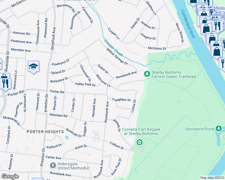 map of restaurants, bars, coffee shops, grocery stores, and more near 1723 Welcome Lane in Nashville