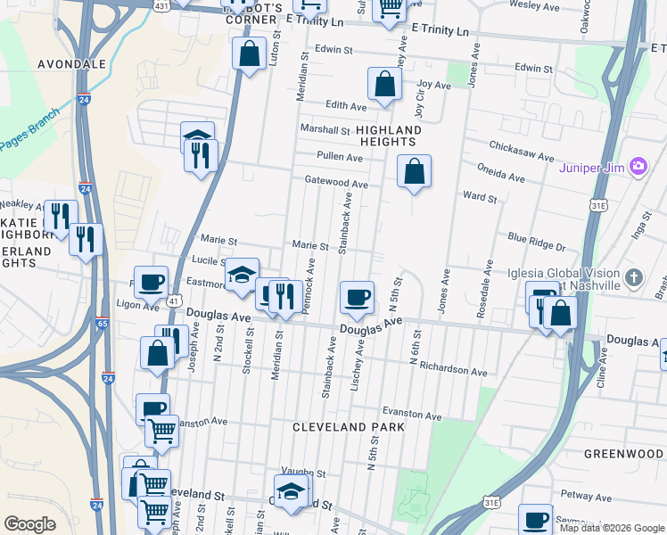map of restaurants, bars, coffee shops, grocery stores, and more near 1332 Stainback Avenue in Nashville